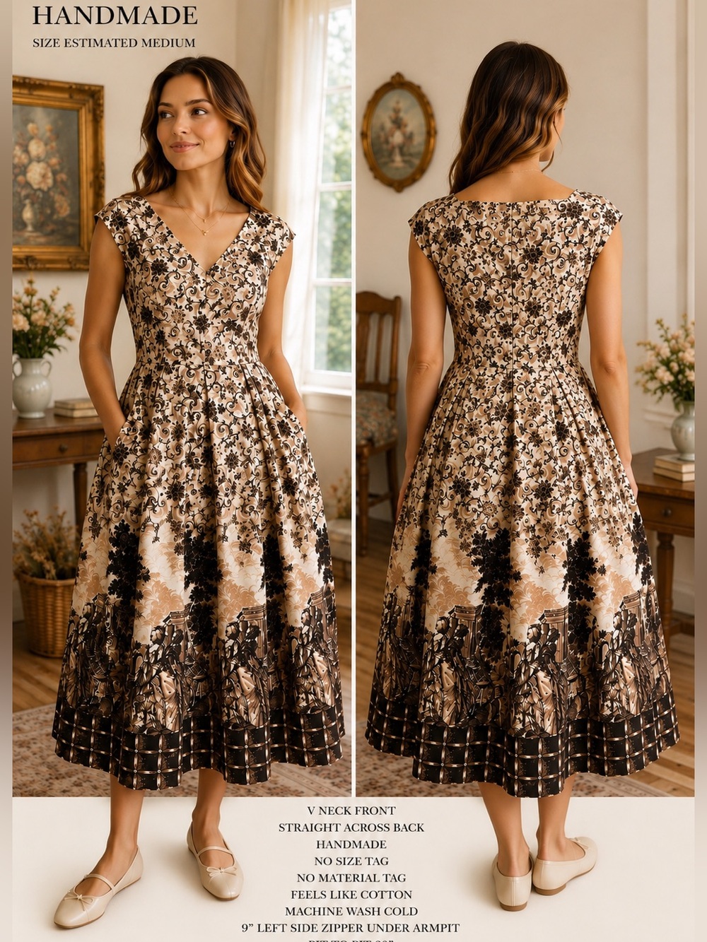 Toile Print Midi Dress women sz med handmade Cottagecore Regency Romance Pockets